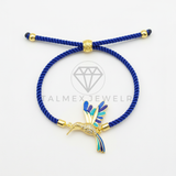 Pulsera de Lujo - 106442 - Pulsera Ajustable Cuerda Azul Pajaro CZ Clara - Oro Laminado 18K
