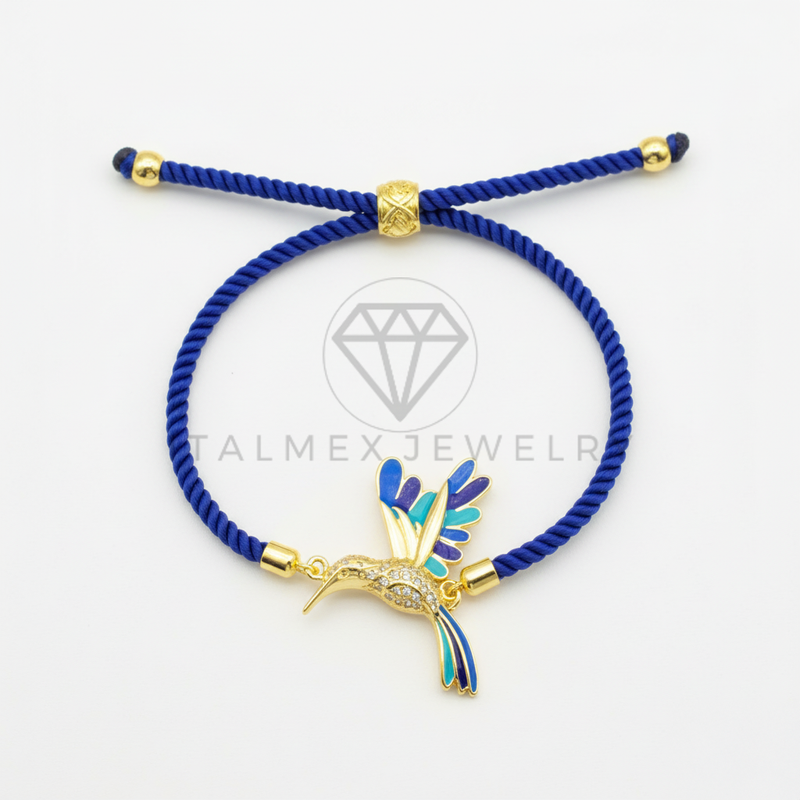 Pulsera de Lujo - 106442 - Pulsera Ajustable Cuerda Azul Pajaro CZ Clara - Oro Laminado 18K