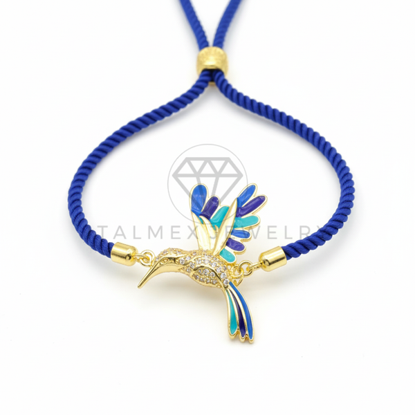 Pulsera de Lujo - 106442 - Pulsera Ajustable Cuerda Azul Pajaro CZ Clara - Oro Laminado 18K