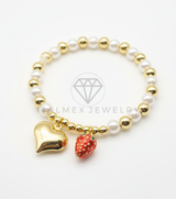 Pulsera de Lujo - 106443 - Pulsera Corazon y Fresa Con Bolitas de Perla y Oro Laminado 18K