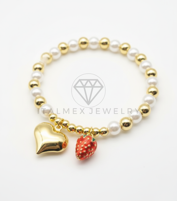 Pulsera de Lujo - 106443 - Pulsera Corazon y Fresa Con Bolitas de Perla y Oro Laminado 18K