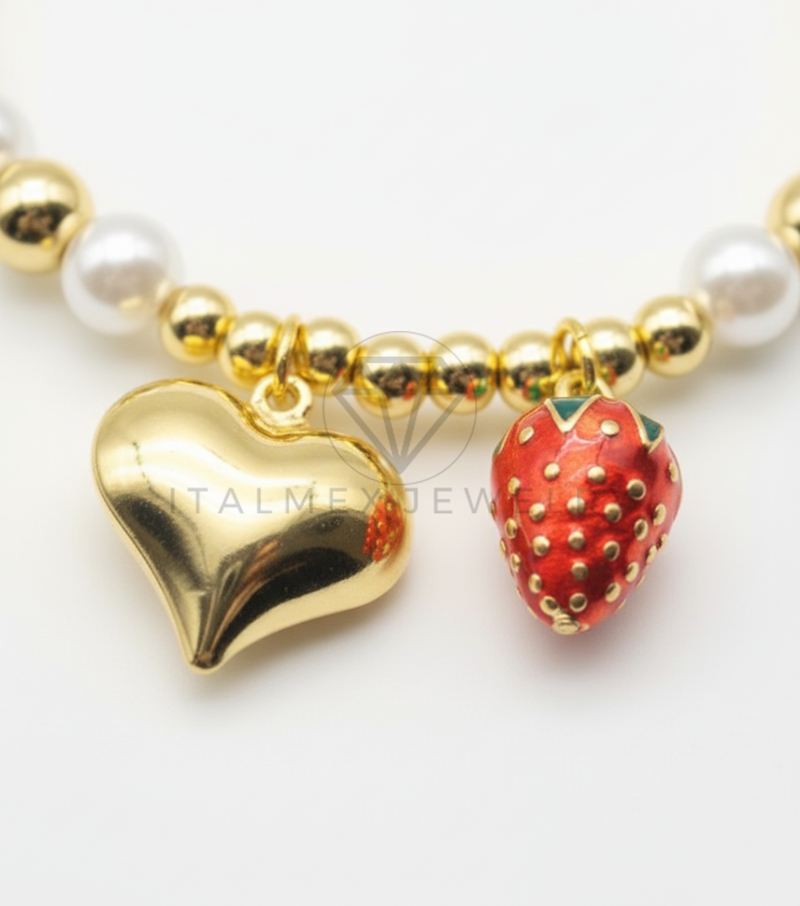 Pulsera de Lujo - 106443 - Pulsera Corazon y Fresa Con Bolitas de Perla y Oro Laminado 18K