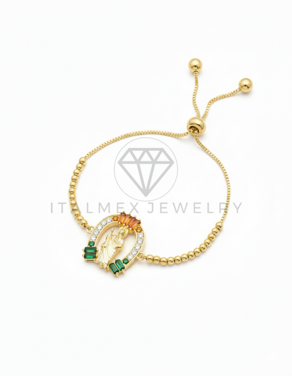 Pulsera de Lujo - 106444 - Pulsera Ajustable San Judas con CZ Tricolor - Oro Laminado 18K