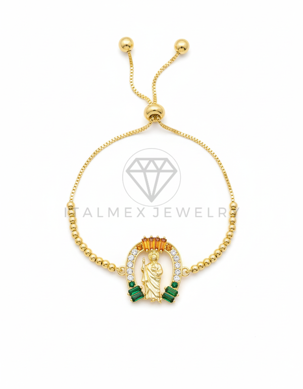 Pulsera de Lujo - 106444 - Pulsera Ajustable San Judas con CZ Tricolor - Oro Laminado 18K