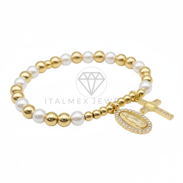 Pulsera de Lujo - 106445 - Pulsera Virgen de Guadalupe y Cruz con CZ Clara Perla y Oro Laminado 18K