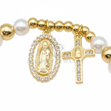 Pulsera de Lujo - 106445 - Pulsera Virgen de Guadalupe y Cruz con CZ Clara Perla y Oro Laminado 18K