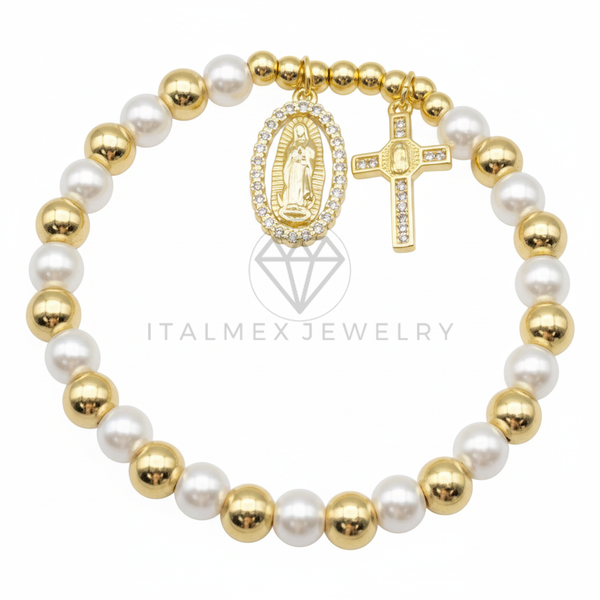 Pulsera de Lujo - 106445 - Pulsera Virgen de Guadalupe y Cruz con CZ Clara Perla y Oro Laminado 18K