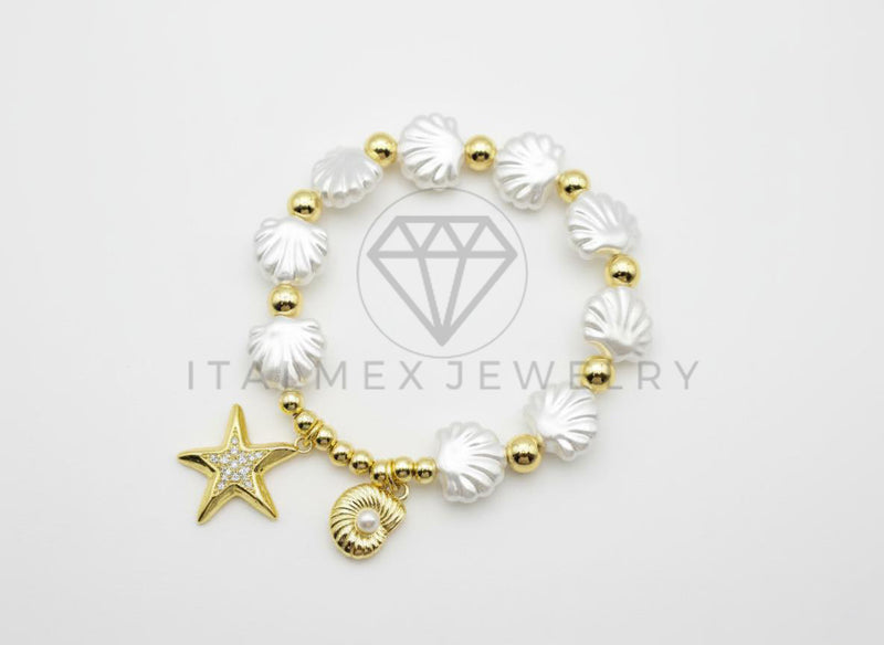 Pulsera de Lujo - 106450 - Pulsera Estrella de Mar y Concha con CZ Clara Perlas de Concha - Oro Laminado 18K