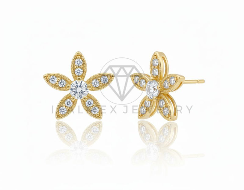 Arete de Lujo - 106458 - Broquel Flor CZ Clara - Oro Laminado 18K
