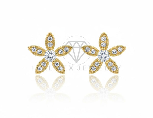Arete de Lujo - 106458 - Broquel Flor CZ Clara - Oro Laminado 18K