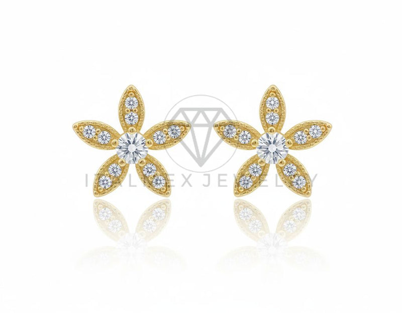 Arete de Lujo - 106458 - Broquel Flor CZ Clara - Oro Laminado 18K