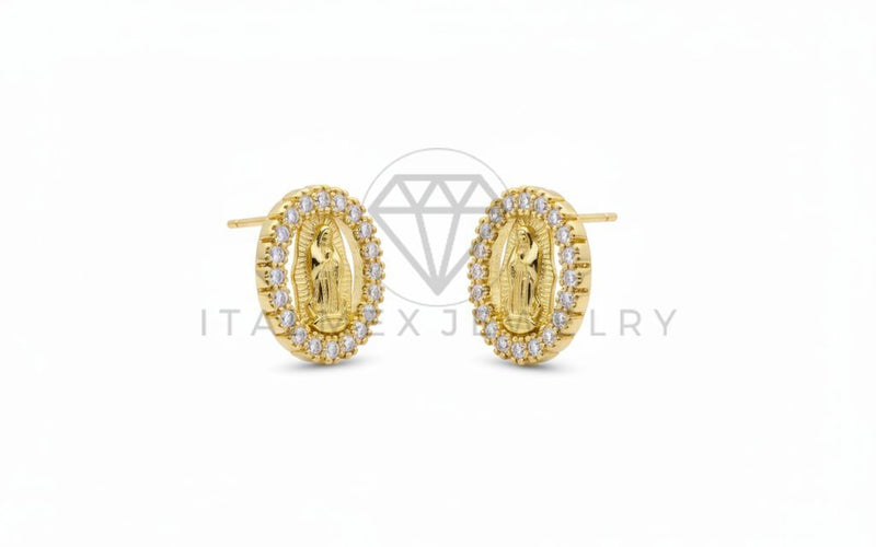 Arete de Lujo - 106459 - Broquel Virgen de Guadalupe CZ Clara - Oro Laminado 18K