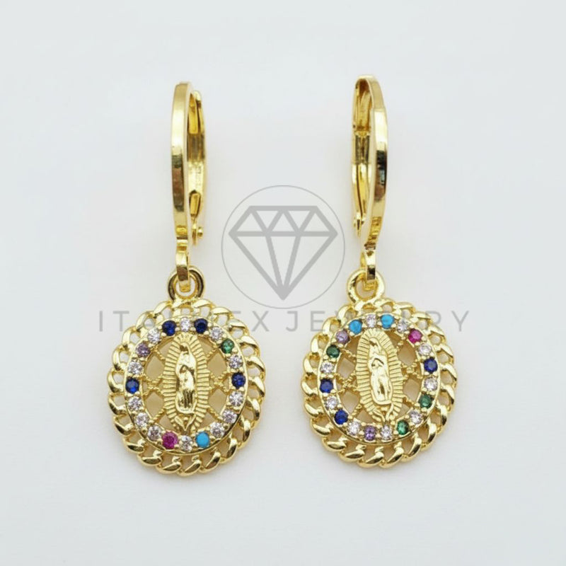 Arete de Lujo - 106467 - Huggie Virgen de Guadalupe CZ Colores - Oro Laminado 18K
