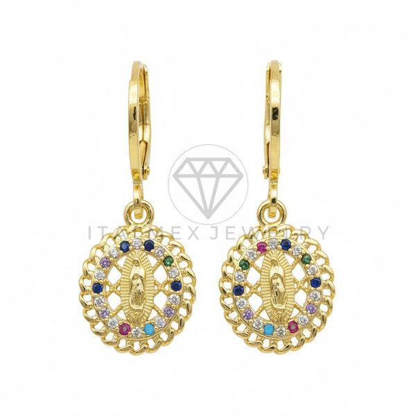 Arete de Lujo - 106467 - Huggie Virgen de Guadalupe CZ Colores - Oro Laminado 18K