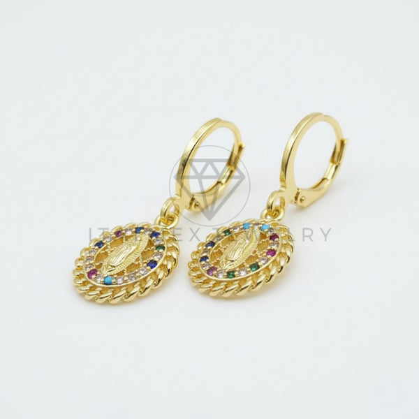 Arete de Lujo - 106467 - Huggie Virgen de Guadalupe CZ Colores - Oro Laminado 18K