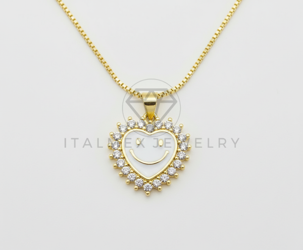 Collar Elegante - 106475 - Collar Corazon Blanco con Carita Feliz CZ Clara - Oro Laminado 18K