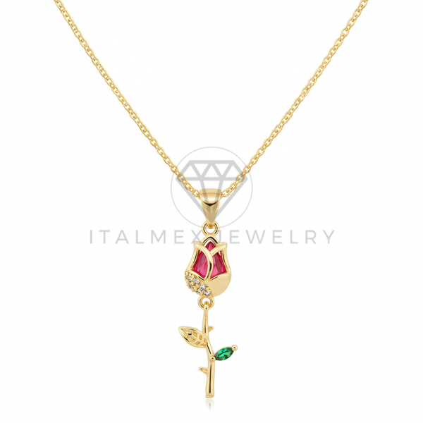 Collar Elegante - 106477 - Collar Rosa CZ Tricolor - Oro Laminado 18K