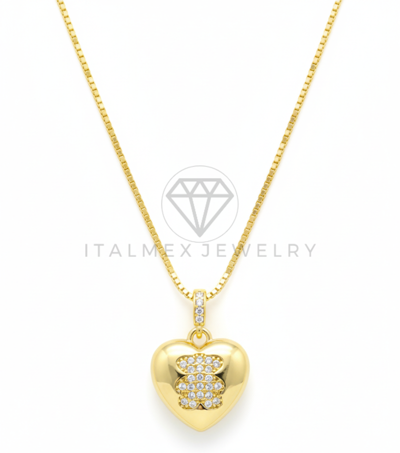 Collar Elegante - 106478 - Collar Corazon con Osito CZ Clara - Oro Laminado 18K