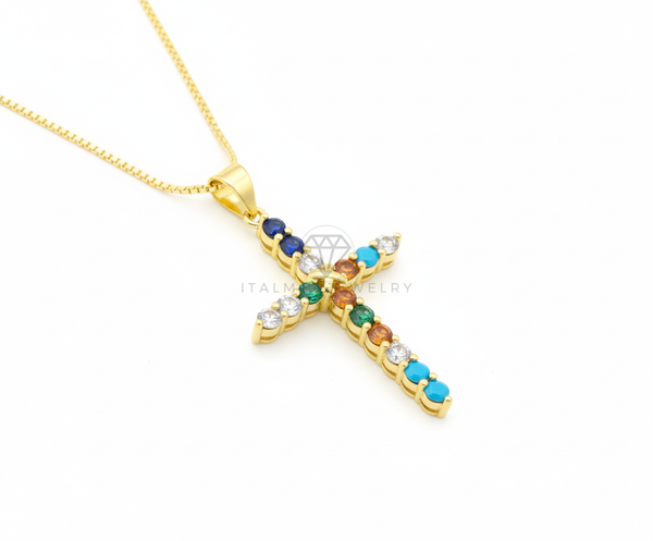 Collar Elegante - 106479 - Collar Cruz CZ Multicolor - Oro Laminado 18K