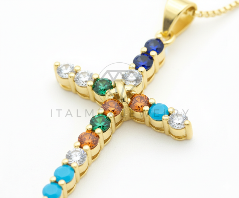 Collar Elegante - 106479 - Collar Cruz CZ Multicolor - Oro Laminado 18K