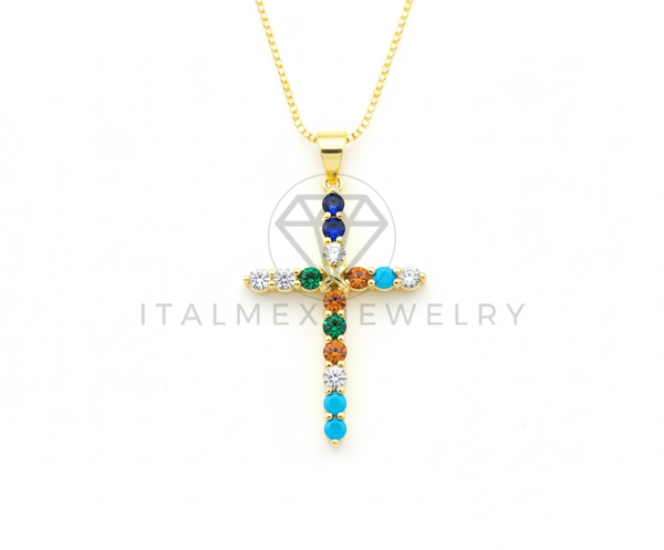 Collar Elegante - 106479 - Collar Cruz CZ Multicolor - Oro Laminado 18K