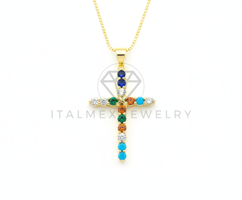 Collar Elegante - 106479 - Collar Cruz CZ Multicolor - Oro Laminado 18K