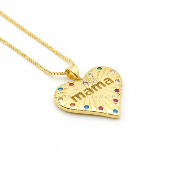 Collar Elegante - 106481 - Collar Corazón 'Mamá' CZ Multicolor - Oro Laminado 18K
