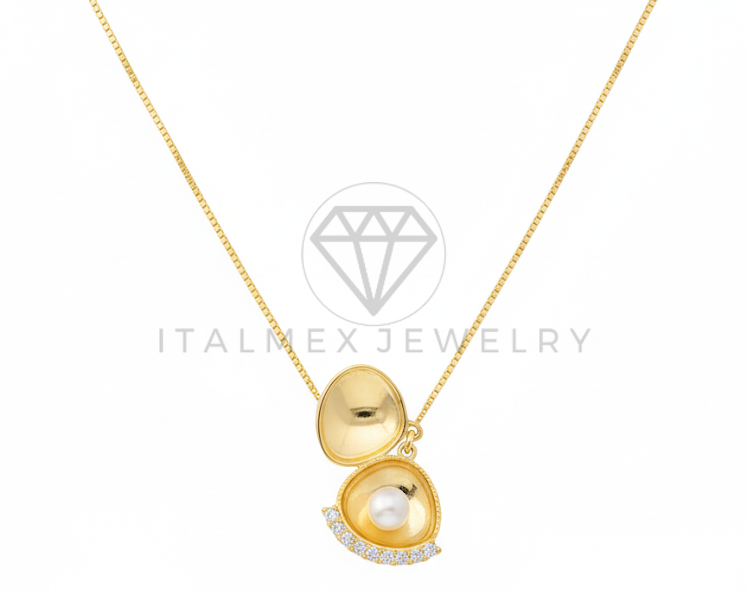 Collar Elegante - 106484 - Collar Dije de Ostra con Perla y CZ Clara - Oro Laminado 18K