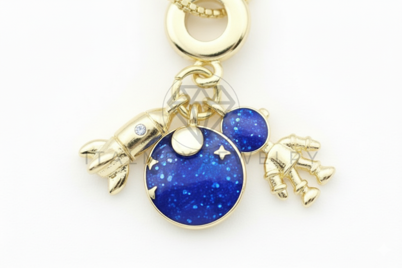 Collar Elegante - 106488 - Collar Dije Azúl de Astronauta, Nave Espacial y Galaxia - Oro Laminado 18K