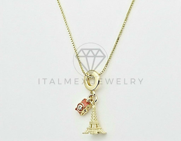 Collar Elegante - 106489 - Collar Dije de la Torre Eiffel y Cámara Rosa - Oro Laminado 18K