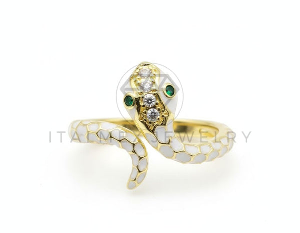 Anillo de Lujo - 106499 - Anillo Ajustable Serpiente Blanca CZ Clara y Verde - Oro Laminado 18K