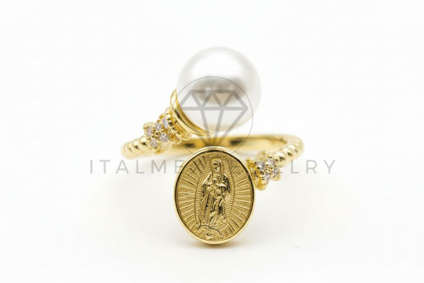 Anillo de Lujo - 106500 - Anillo Ajustable Virgen de Guadalupe y Perla con CZ Clara - Oro Laminado 18K