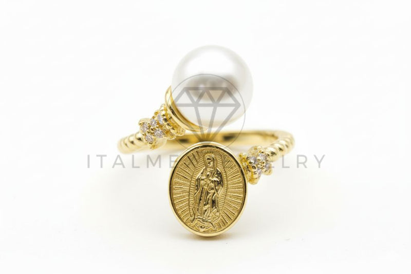 Anillo de Lujo - 106500 - Anillo Ajustable Virgen de Guadalupe y Perla con CZ Clara - Oro Laminado 18K