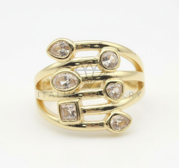 Anillo de Lujo - 106502 - Anillo Ajustable con Diferentes Formas de CZ Clara - Oro Laminado 18K