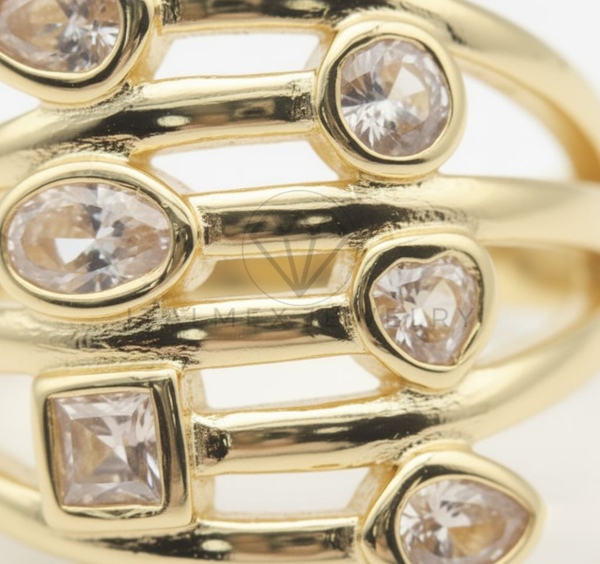 Anillo de Lujo - 106502 - Anillo Ajustable con Diferentes Formas de CZ Clara - Oro Laminado 18K