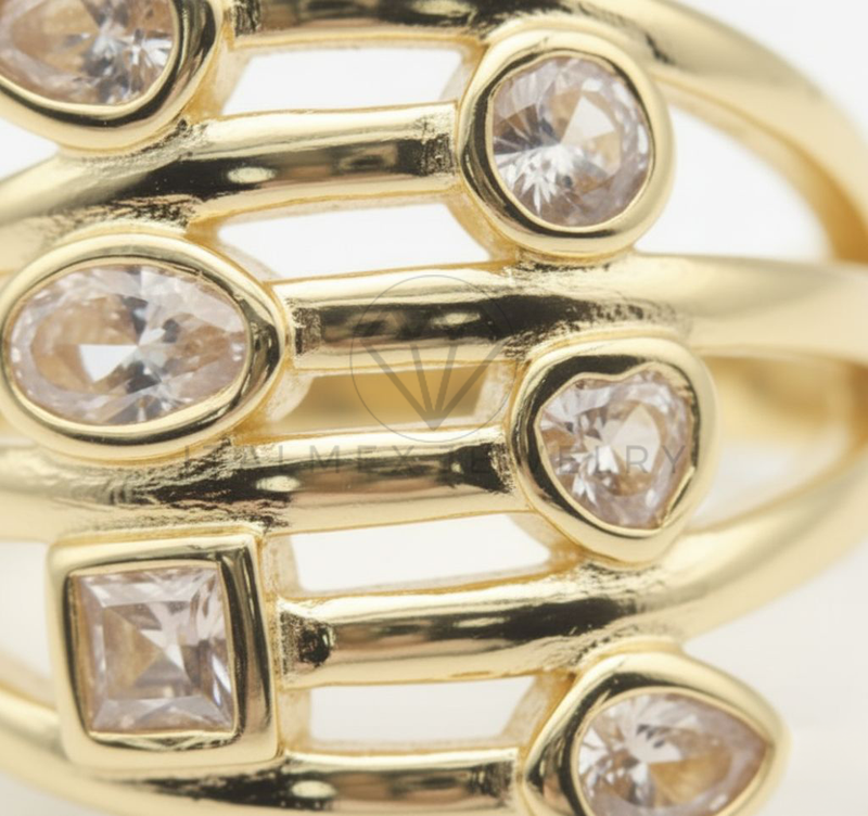 Anillo de Lujo - 106502 - Anillo Ajustable con Diferentes Formas de CZ Clara - Oro Laminado 18K