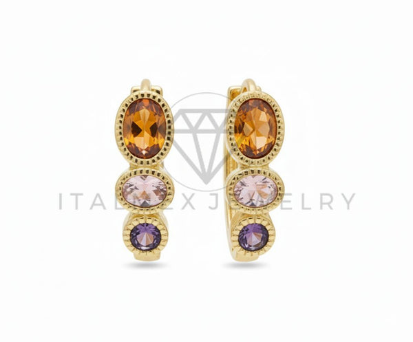 Arete de Lujo - 106505 - Huggie Ovales CZ Tricolor - Oro Laminado 18K