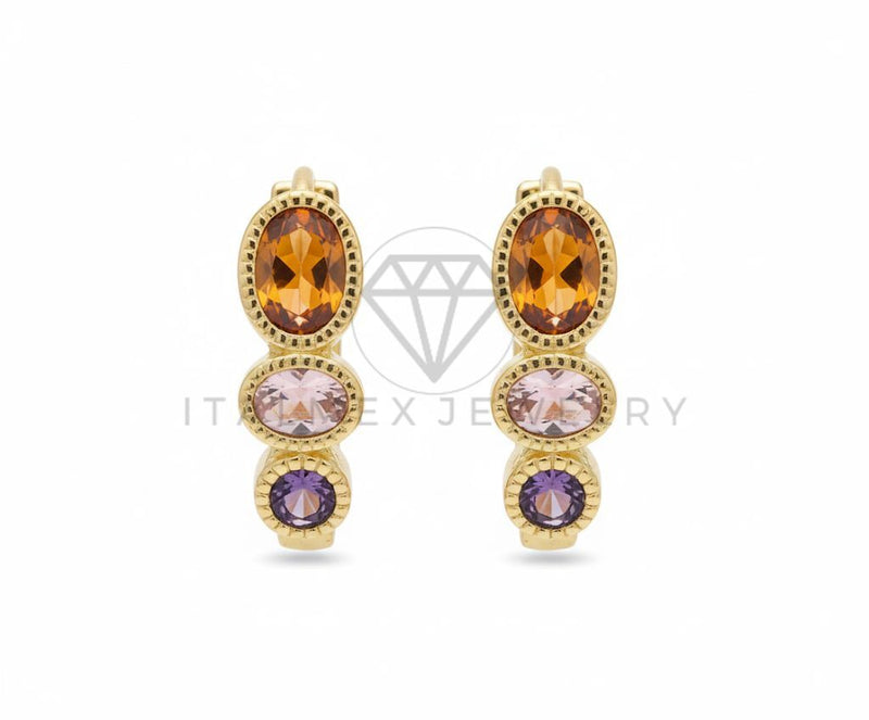 Arete de Lujo - 106505 - Huggie Ovales CZ Tricolor - Oro Laminado 18K