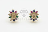 Arete de Lujo - 106508 - Broquel Virgen de Guadalupe CZ Colores - Oro Laminado 18K