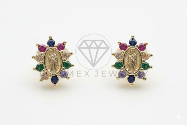 Arete de Lujo - 106508 - Broquel Virgen de Guadalupe CZ Colores - Oro Laminado 18K