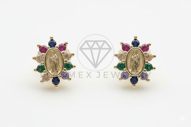 Arete de Lujo - 106508 - Broquel Virgen de Guadalupe CZ Colores - Oro Laminado 18K