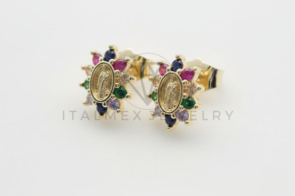 Arete de Lujo - 106508 - Broquel Virgen de Guadalupe CZ Colores - Oro Laminado 18K