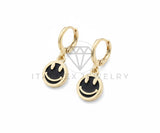 Arete de Lujo - 106510 - Huggie Negro Carita Feliz - Oro Laminado 18K
