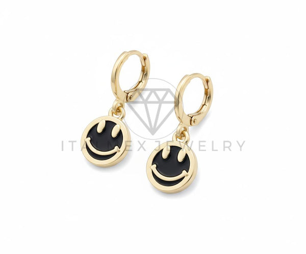 Arete de Lujo - 106510 - Huggie Negro Carita Feliz - Oro Laminado 18K