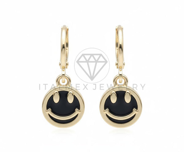 Arete de Lujo - 106510 - Huggie Negro Carita Feliz - Oro Laminado 18K