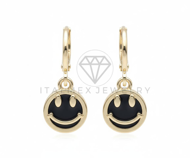 Arete de Lujo - 106510 - Huggie Negro Carita Feliz - Oro Laminado 18K