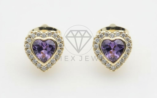 Arete de Lujo - 106516 - Broquel Corazon con CZ Morada y Clara - Oro Laminado 18K