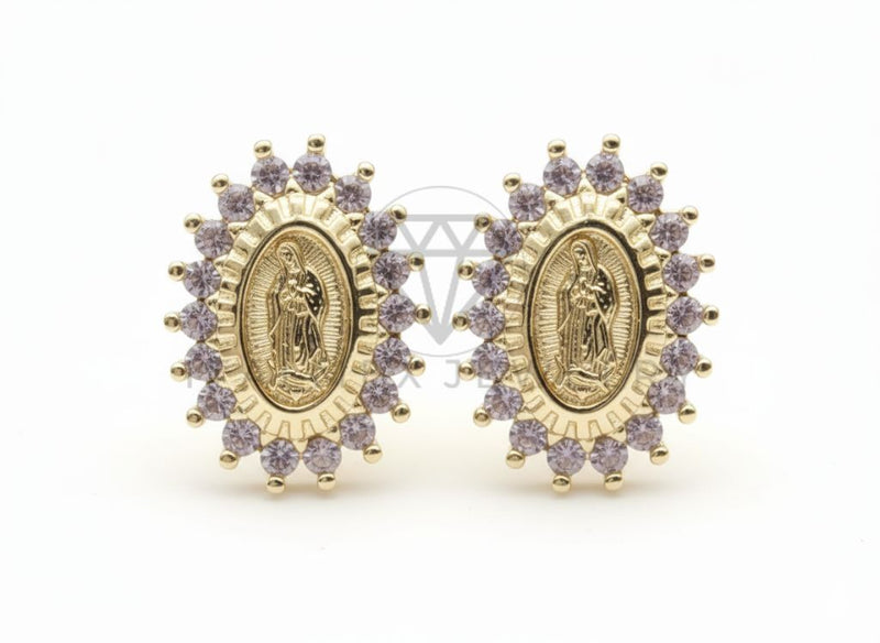 Arete de Lujo - 106517 - Broquel Virgen de Guadalupe CZ Clara - Oro Laminado 18K