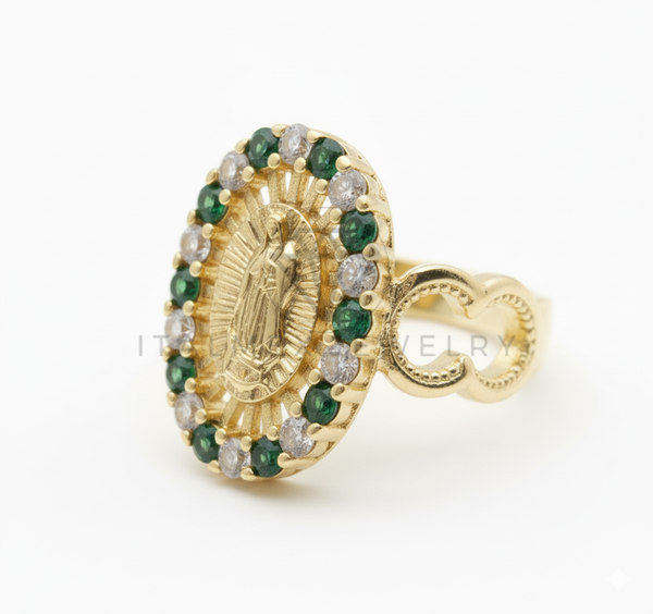 Anillo de Lujo - 106521 - Anillo Ajustable Virgen de Guadalupe CZ Clara y Verde- Oro Laminado 18K