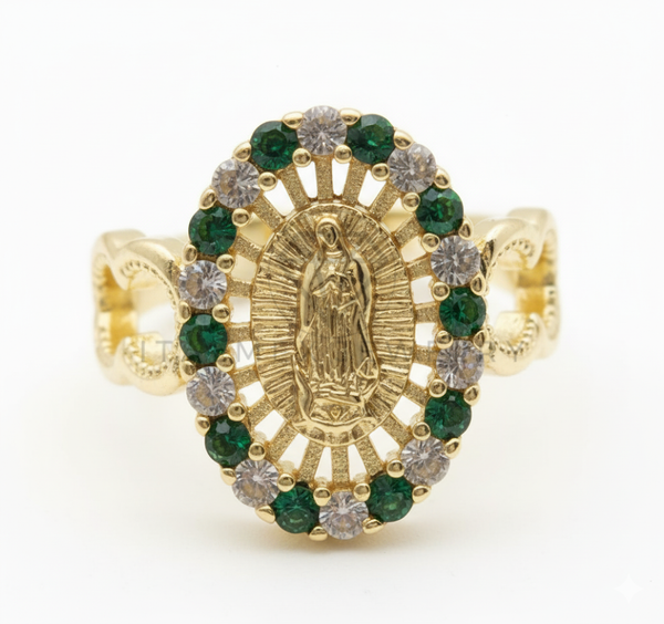 Anillo de Lujo - 106521 - Anillo Ajustable Virgen de Guadalupe CZ Clara y Verde- Oro Laminado 18K